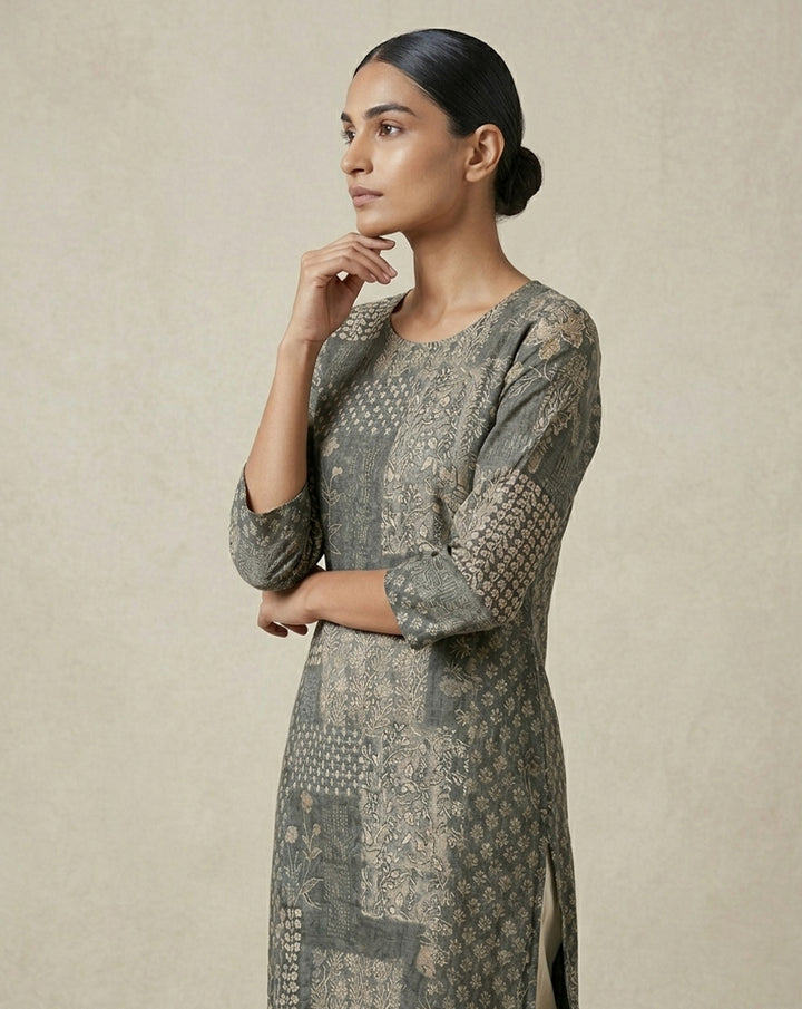 Olive "Botanical" Floral Print Cotton Straight Kurta