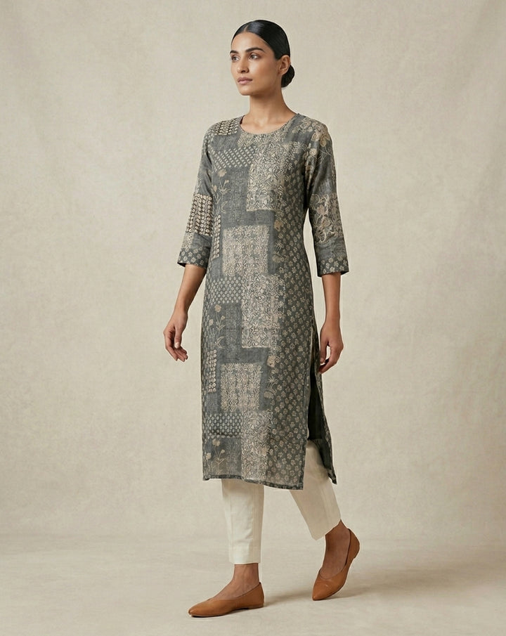 Olive "Botanical" Floral Print Cotton Straight Kurta