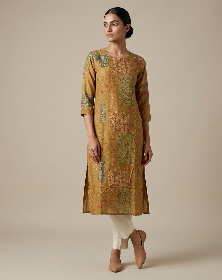 Indigo "Heritage" Floral Print Cotton Straight Kurta