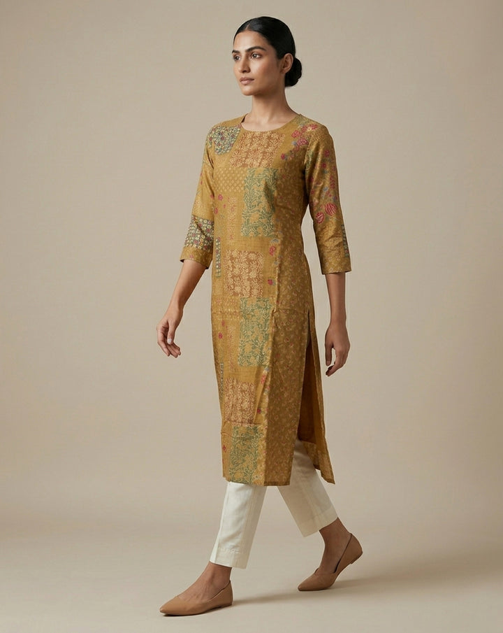 Indigo "Heritage" Floral Print Cotton Straight Kurta