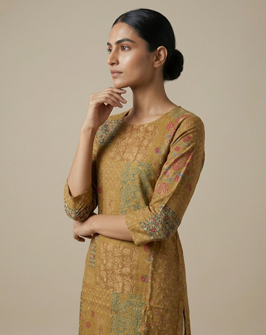Indigo "Heritage" Floral Print Cotton Straight Kurta