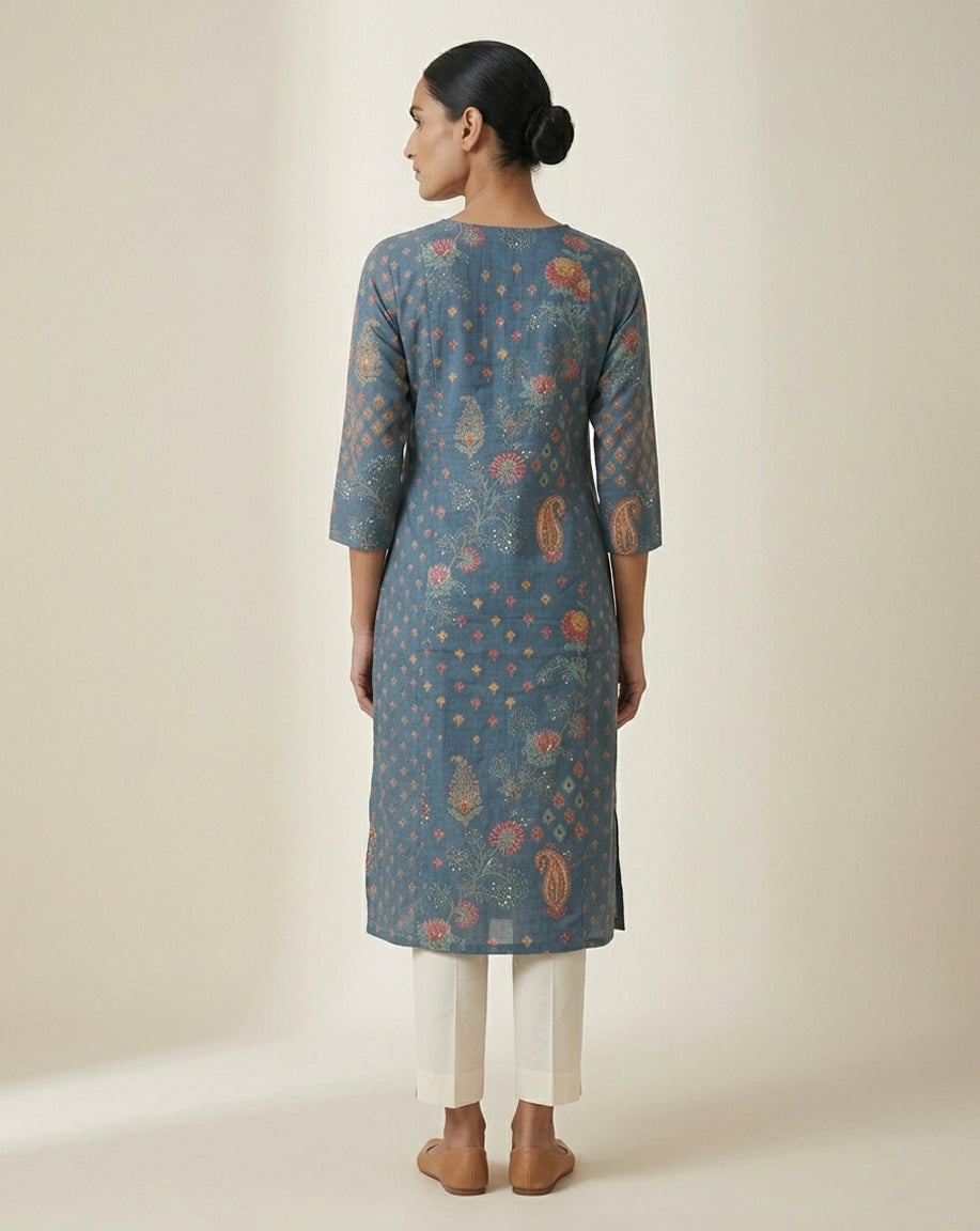 Blue "Indigo" Paisley Floral Print Cotton Straight Kurta