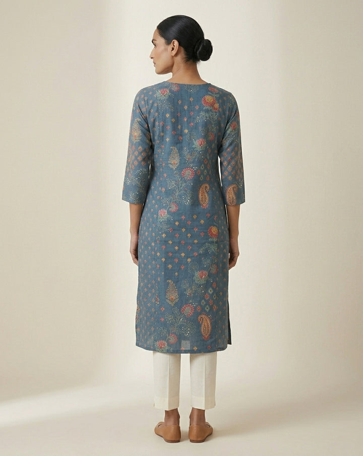 Blue "Indigo" Paisley Floral Print Cotton Straight Kurta