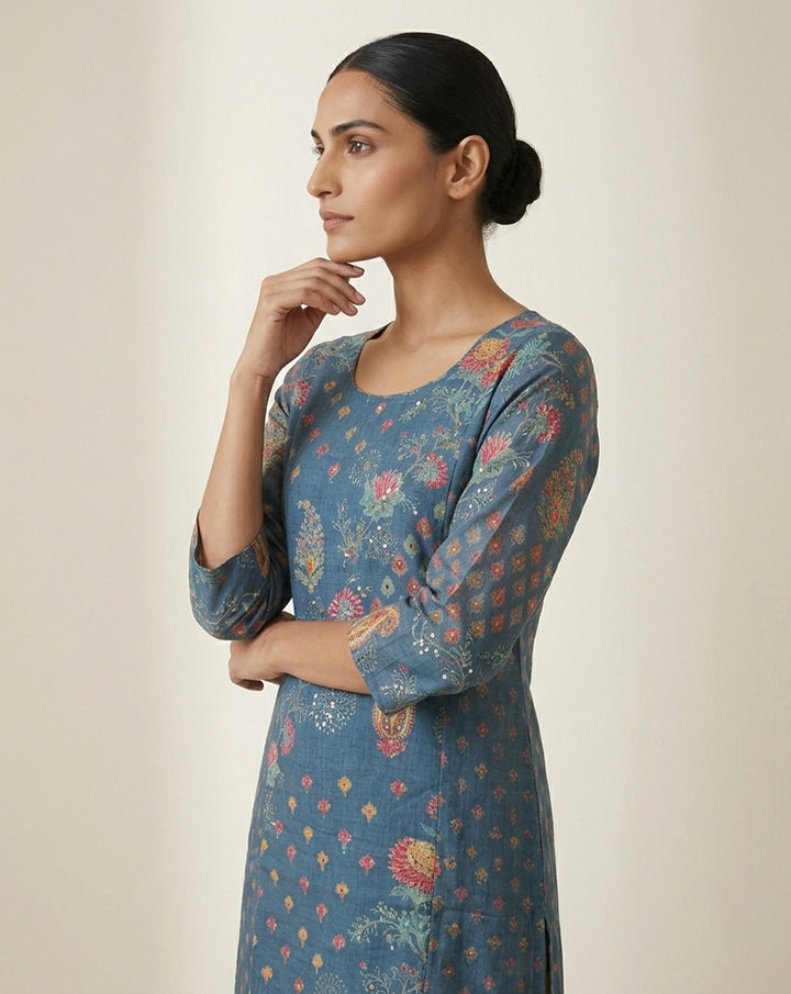 Blue "Indigo" Paisley Floral Print Cotton Straight Kurta