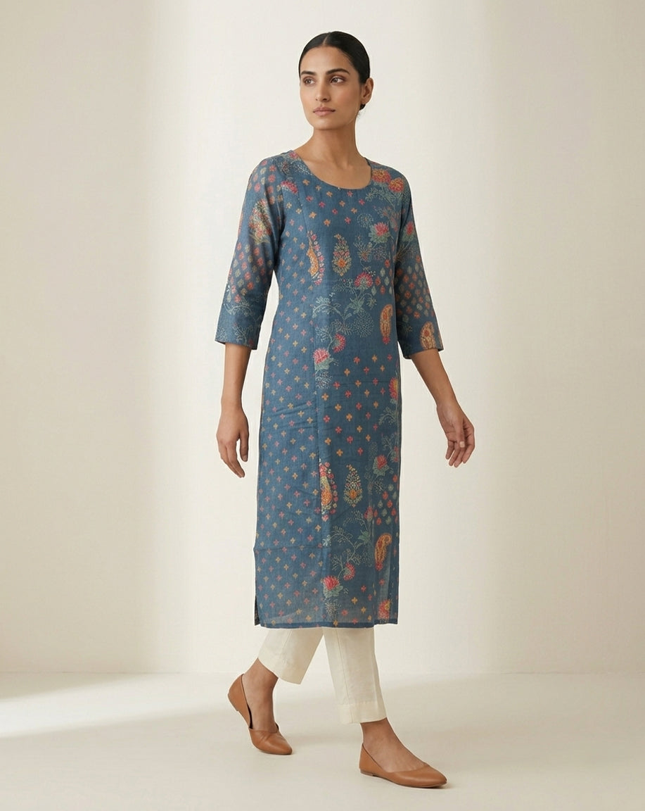 Blue "Indigo" Paisley Floral Print Cotton Straight Kurta