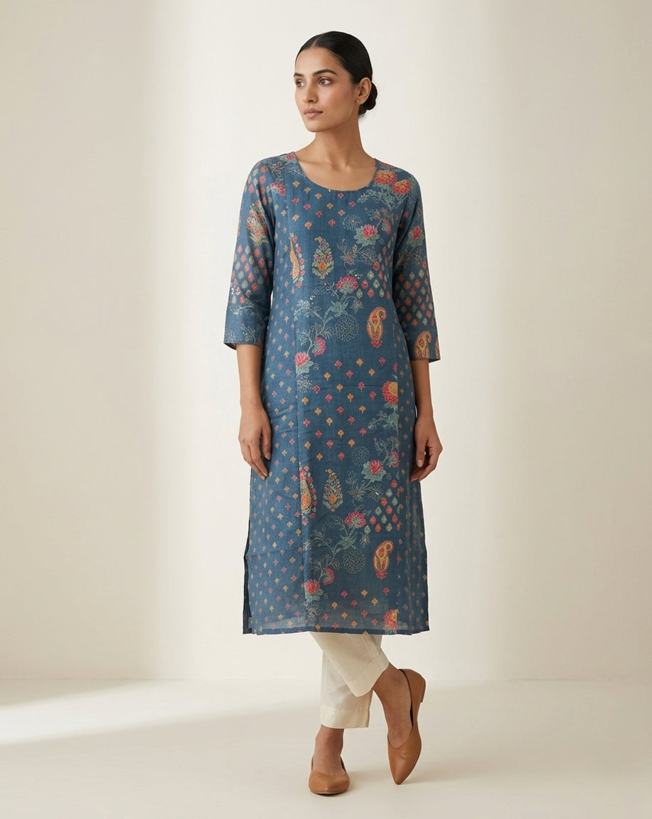 Blue "Indigo" Paisley Floral Print Cotton Straight Kurta