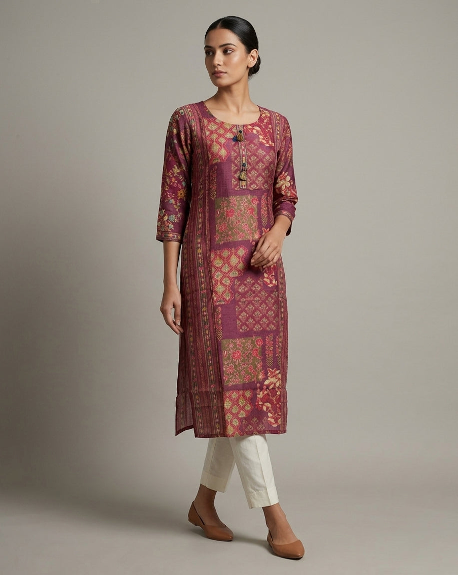 Wine "Patchwork" Print Cotton Straight Kurta with Tassels