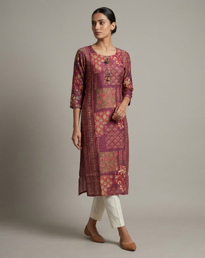 Wine "Patchwork" Print Cotton Straight Kurta with Tassels