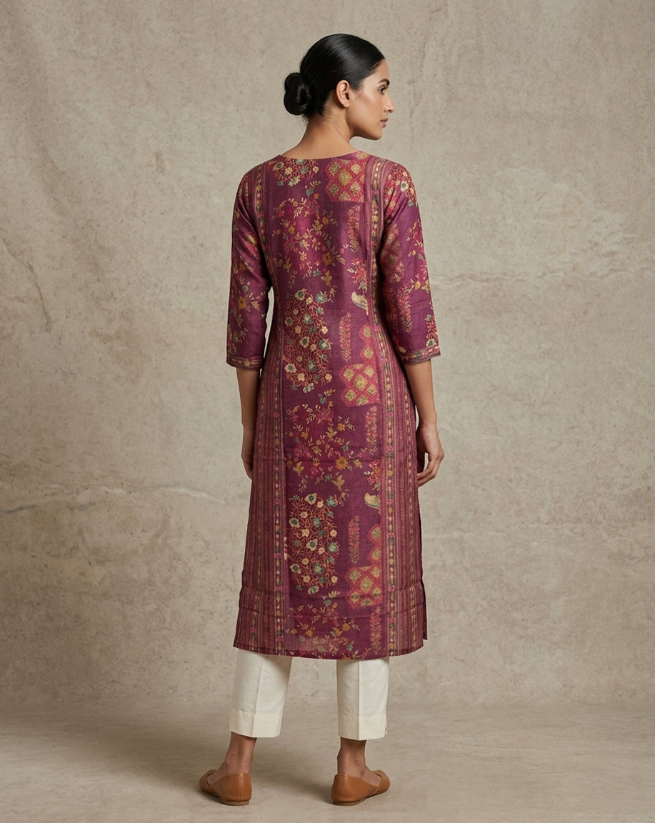 Wine "Patchwork" Print Cotton Straight Kurta with Tassels