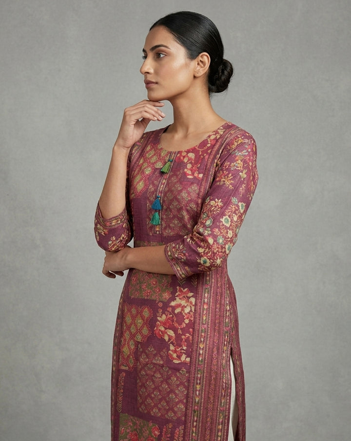 Wine "Patchwork" Print Cotton Straight Kurta with Tassels