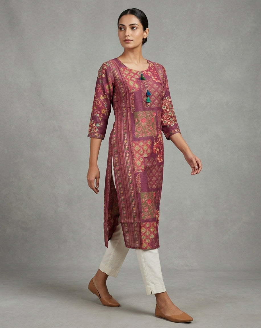 Wine "Patchwork" Print Cotton Straight Kurta with Tassels