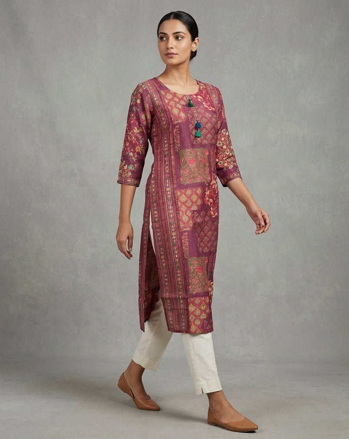 Wine "Patchwork" Print Cotton Straight Kurta with Tassels
