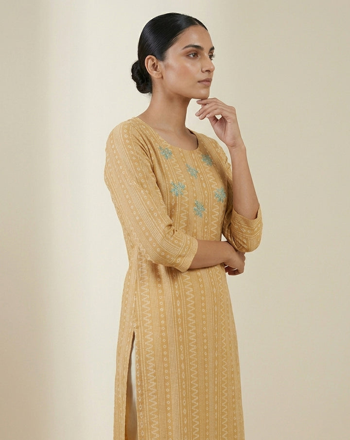 Mustard "Heritage" Floral Block-Print Cotton Straight Kurta