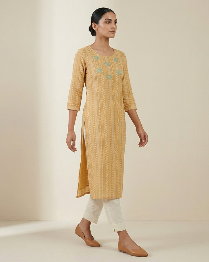 Mustard "Heritage" Floral Block-Print Cotton Straight Kurta
