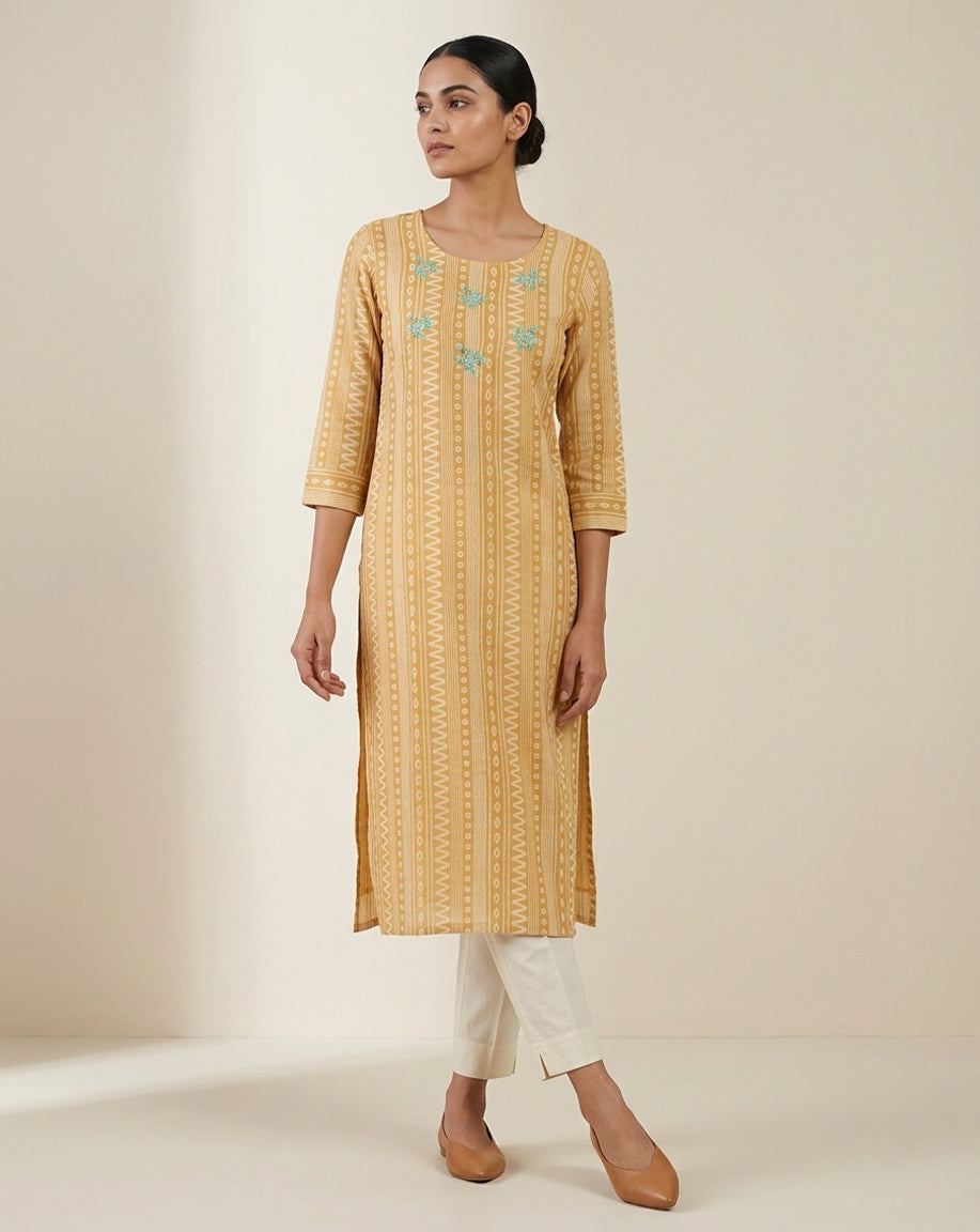 Mustard "Heritage" Floral Block-Print Cotton Straight Kurta