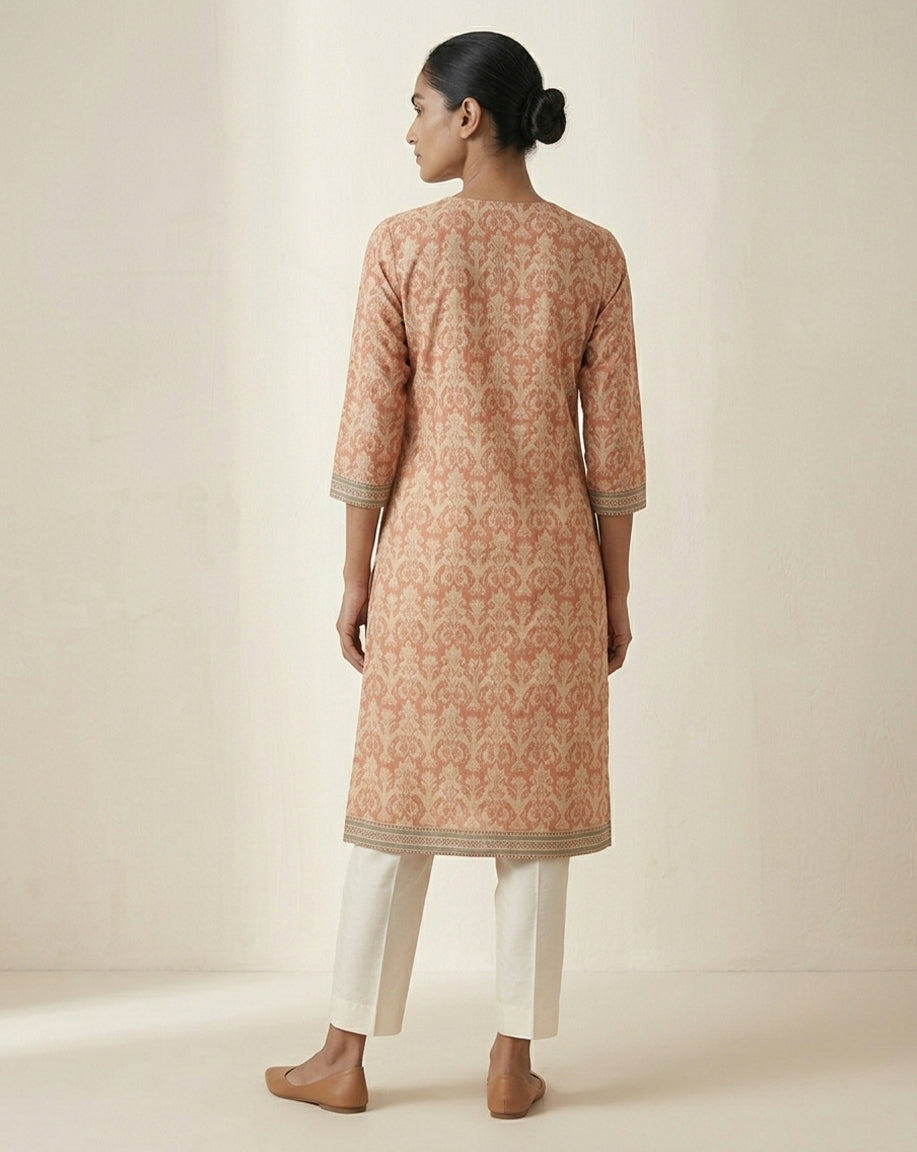 Terracotta "Heritage" Damask Print Cotton Straight Kurta