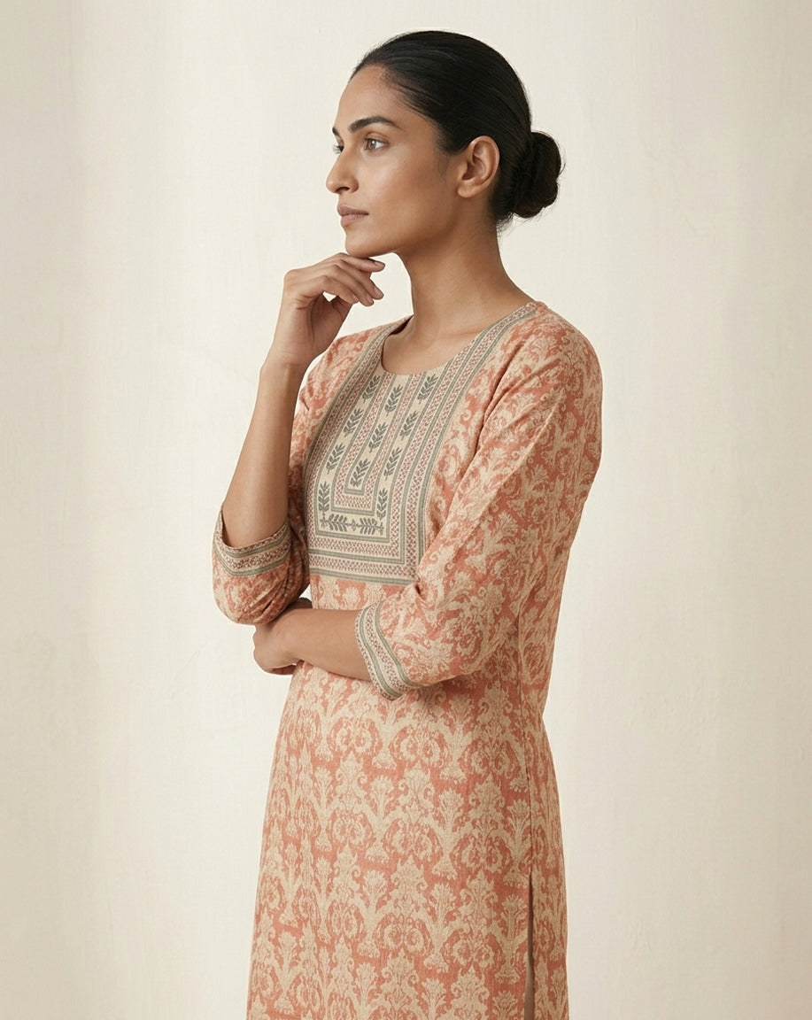Terracotta "Heritage" Damask Print Cotton Straight Kurta