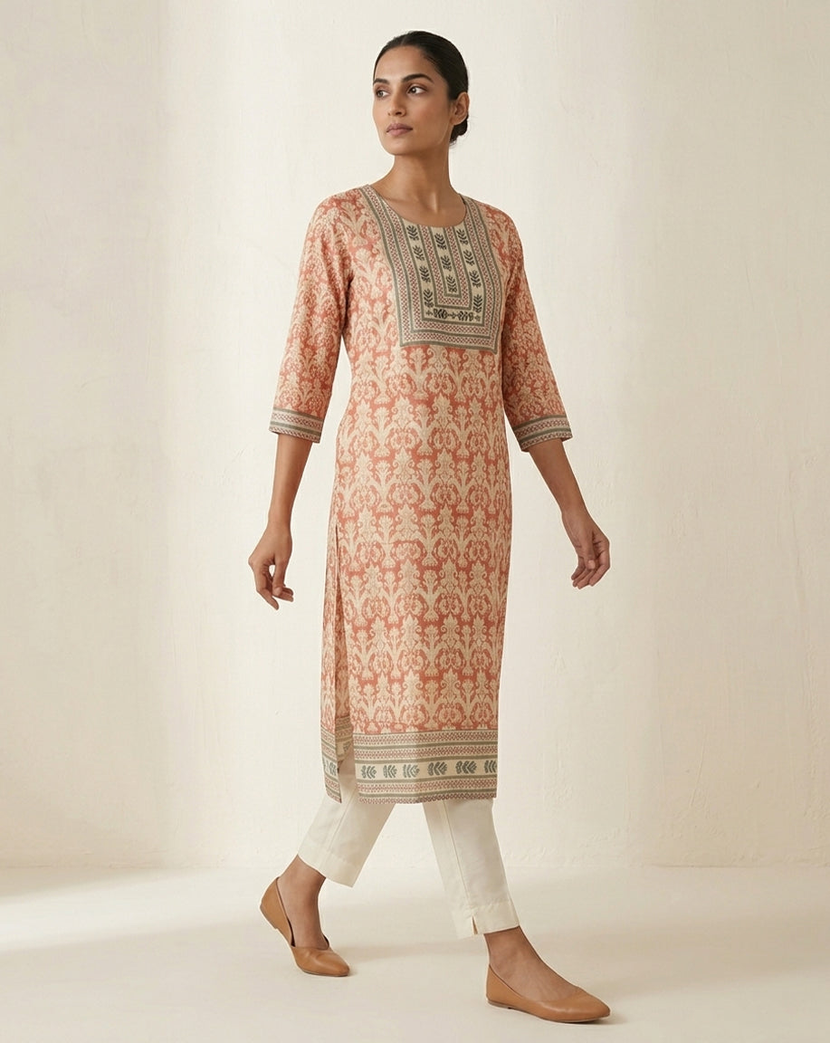 Terracotta "Heritage" Damask Print Cotton Straight Kurta