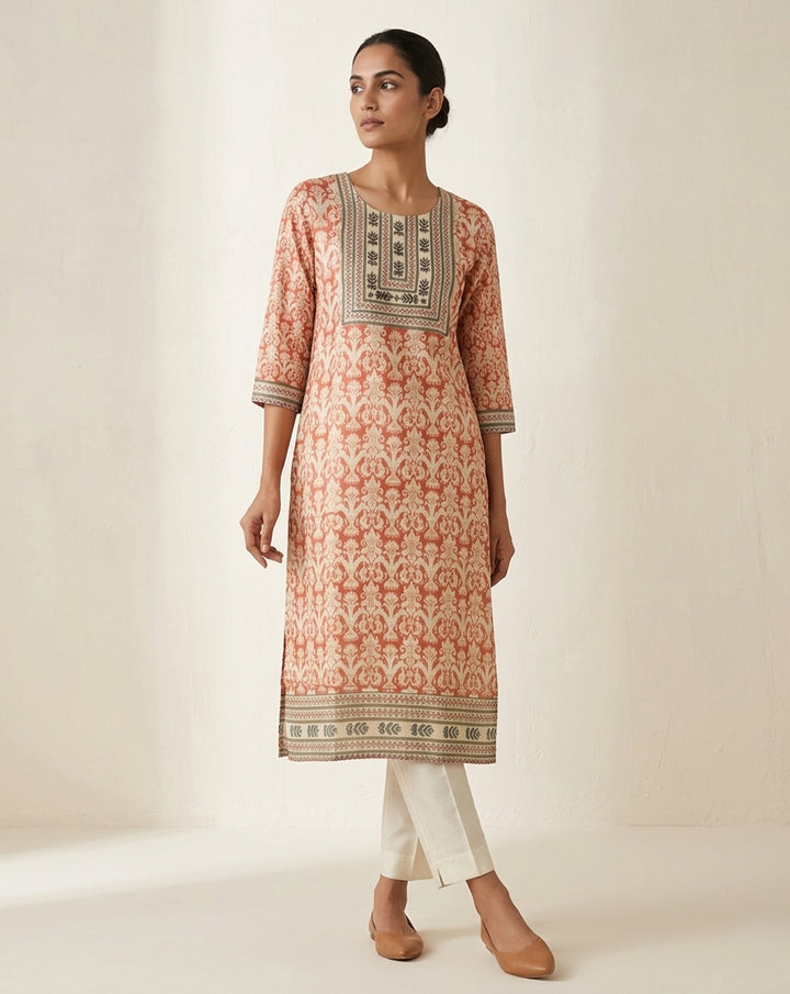 Terracotta "Heritage" Damask Print Cotton Straight Kurta