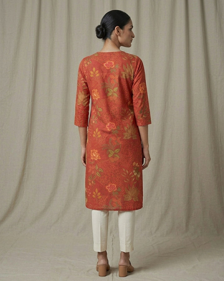 Crimson "Botanical Bloom" Floral Print Premium Cotton Straight Kurti