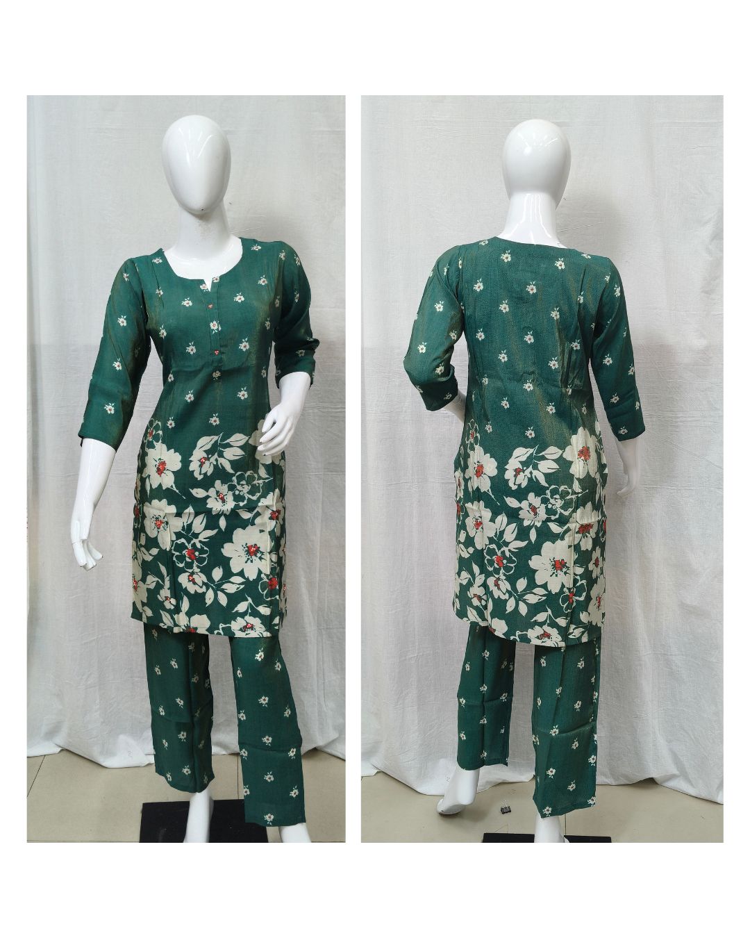 Bottle Green Floral Printed Shimmer Chanderi Co-ord Set
