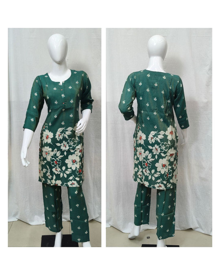 Bottle Green Floral Printed Shimmer Chanderi Co-ord Set