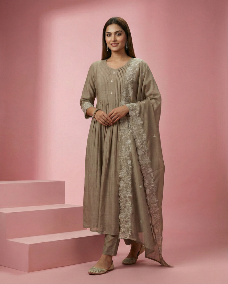 Beige Embroidered Mul Chanderi 3-Piece Suit Set