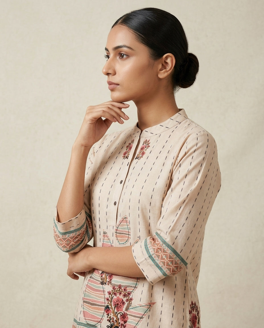 Beige Printed Cotton Co-Ord Set with Floral Motif