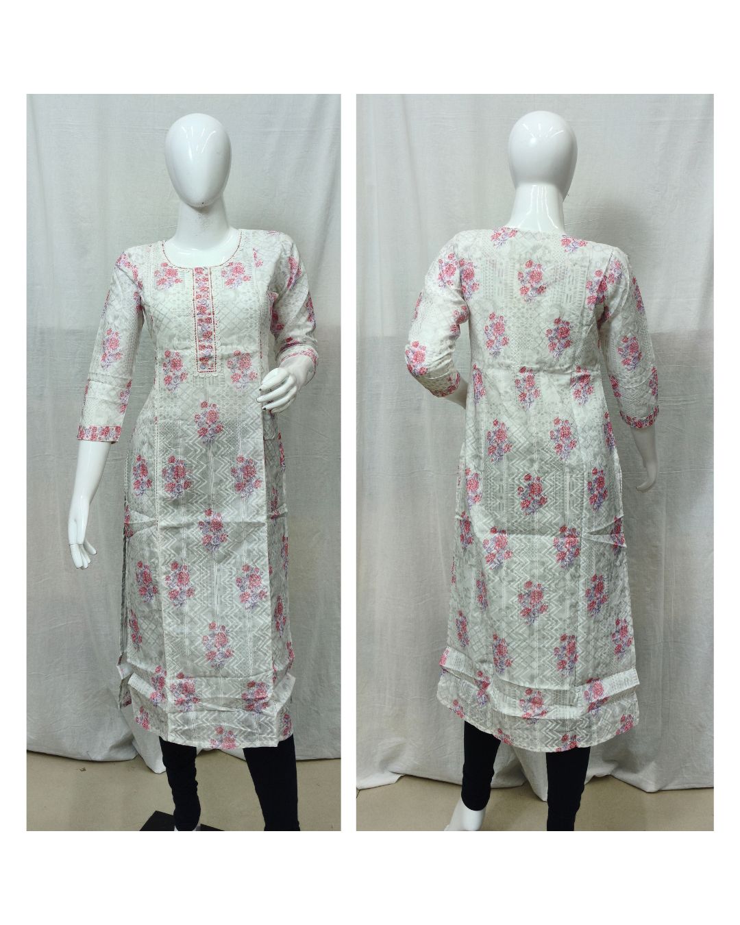Off White Floral Printed Cotton Dobby Kurti