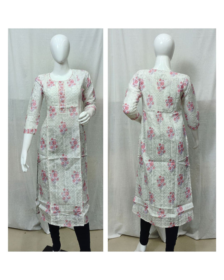 Off White Floral Printed Cotton Dobby Kurti