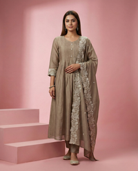 Beige Embroidered Mul Chanderi 3-Piece Suit Set 1