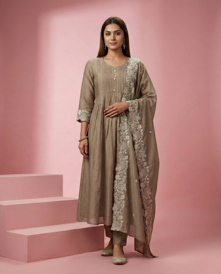 Beige Embroidered Mul Chanderi 3-Piece Suit Set