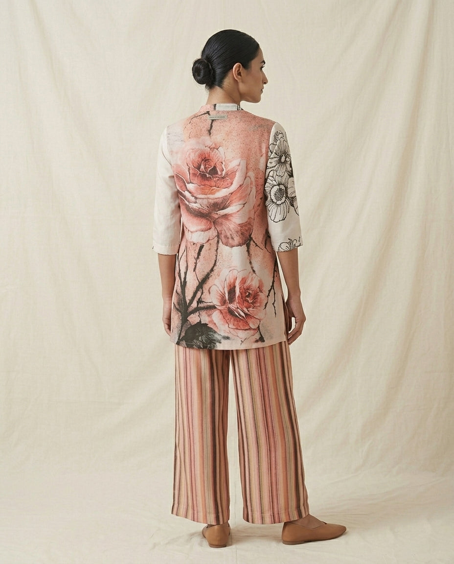 Pink Rose Bloom Mixed Print Linen Co-Ord Set