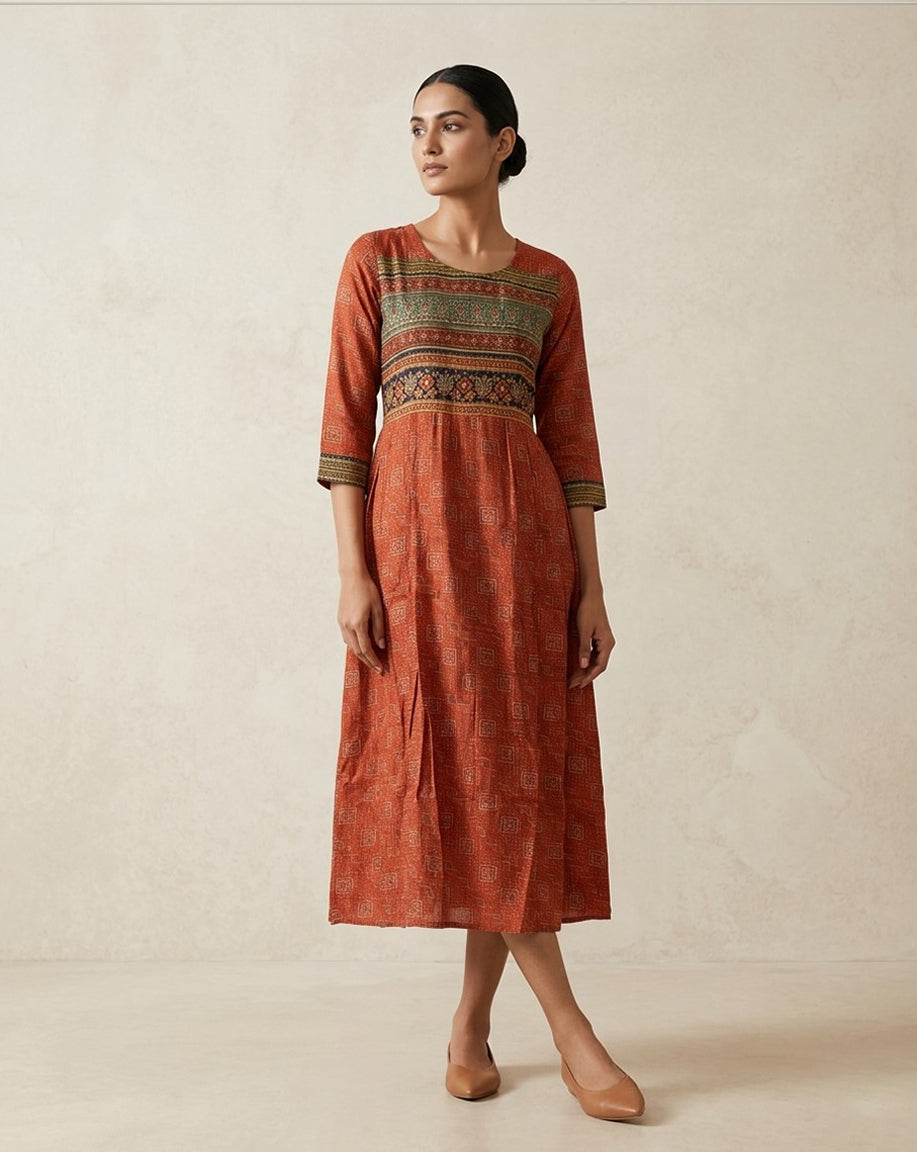 Terracotta Rust Ajrakh and Geometric Printed Cotton Anarkali Kurta