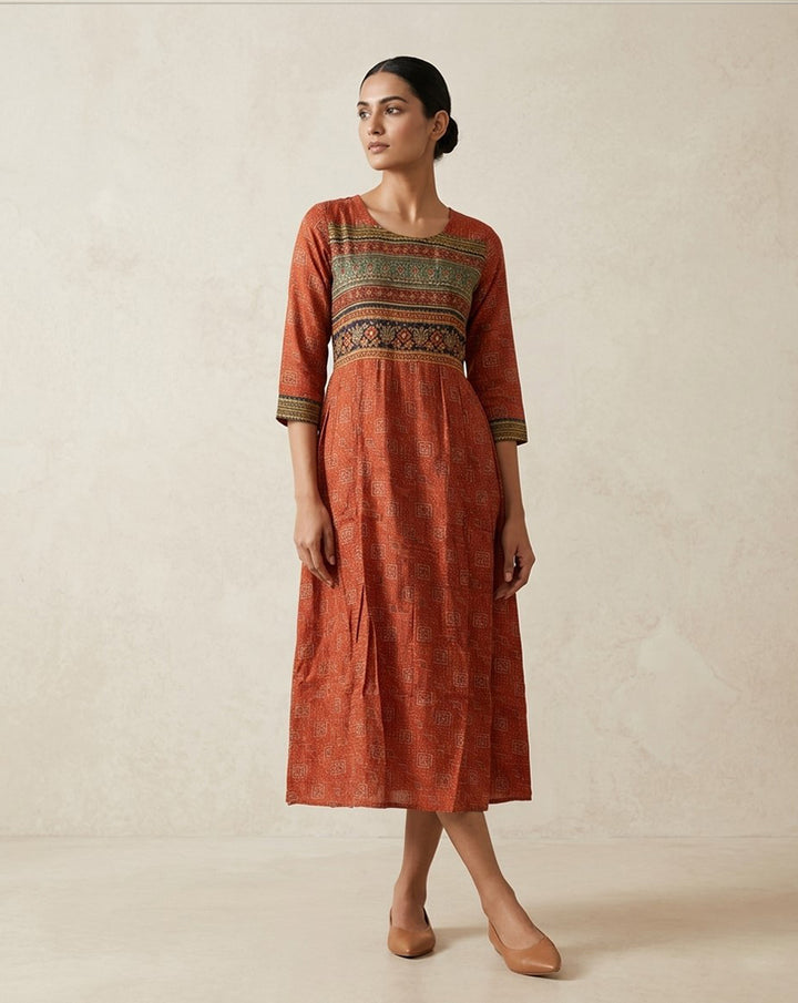 Terracotta Rust Ajrakh and Geometric Printed Cotton Anarkali Kurta