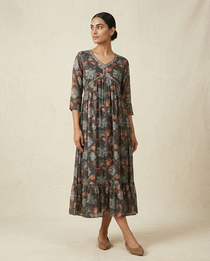 Charcoal Grey Floral Printed Cotton Anarkali Kurta