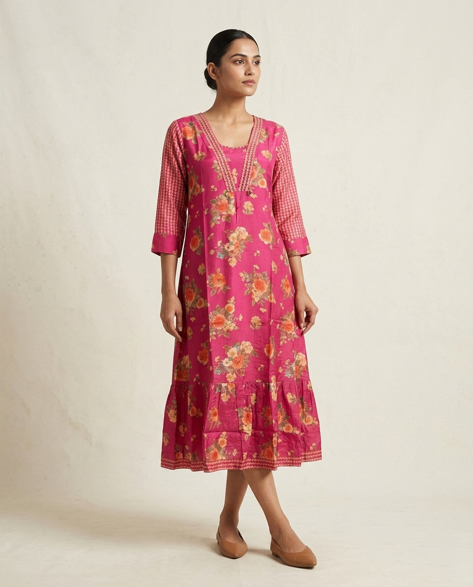 Fuchsia Botanical Tiered Tunic Dress