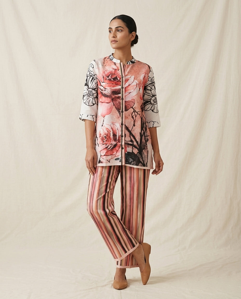 Pink Rose Bloom Mixed Print Linen Co-Ord Set
