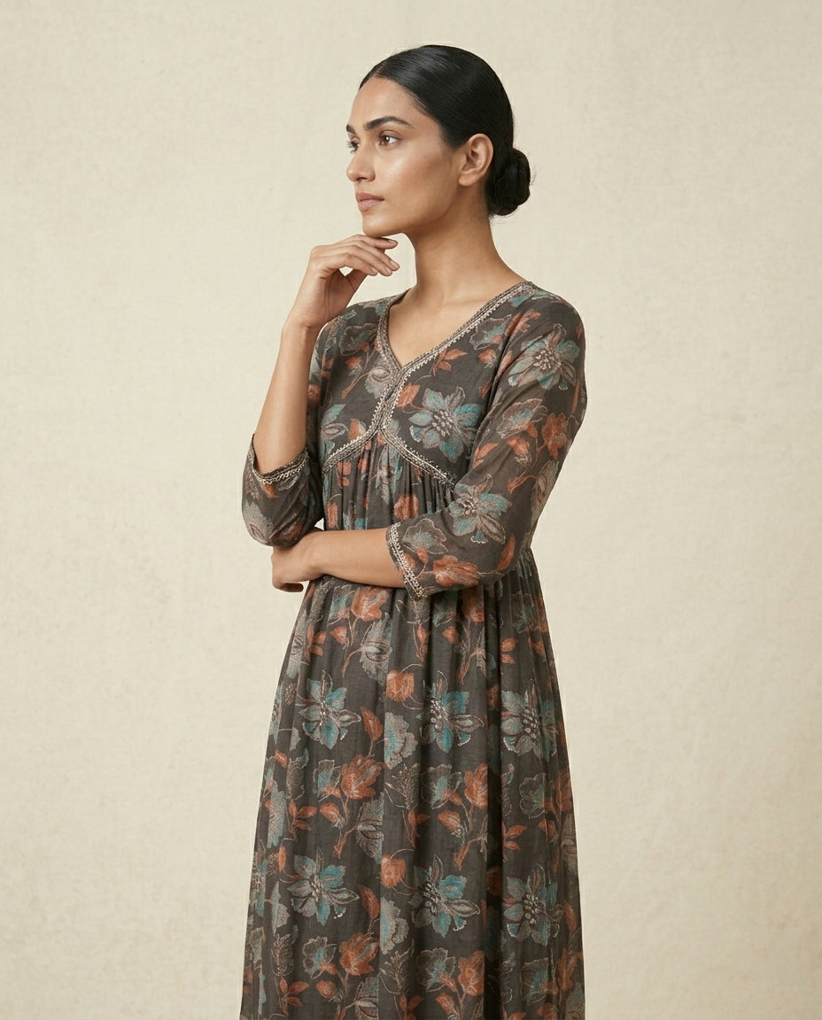 Charcoal Grey Floral Printed Cotton Anarkali Kurta