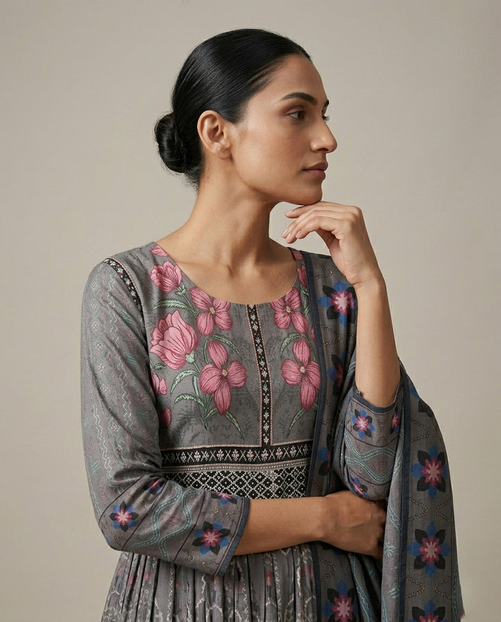 Wine "Royal Floret" Floral Cotton Anarkali Dress with Matching Dupatta