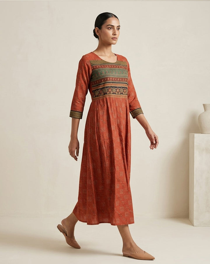 Terracotta Rust Ajrakh and Geometric Printed Cotton Anarkali Kurta