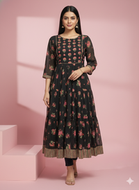 Dark Floral Printed Kurta with Round Neck 1