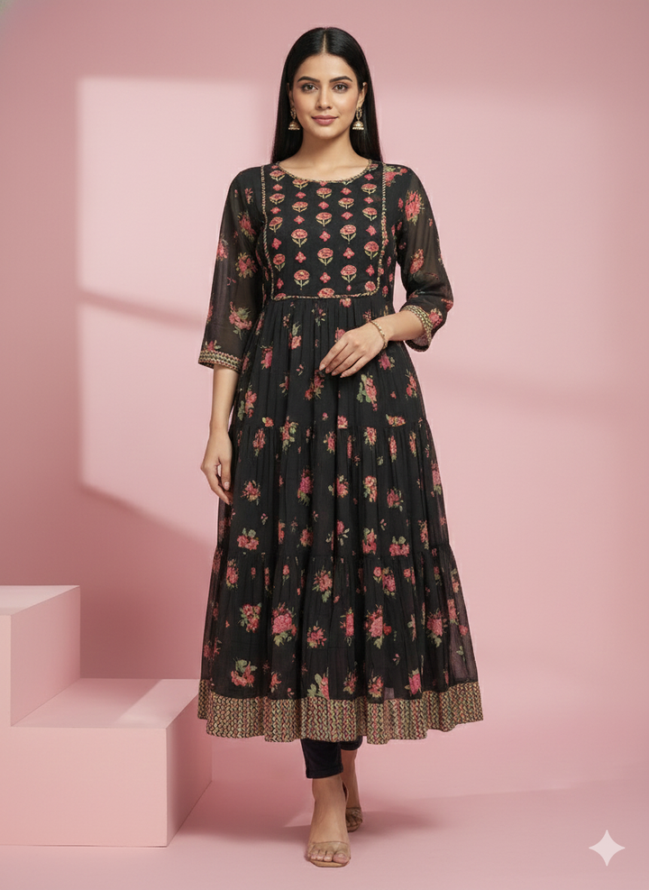 Dark Floral Printed Kurta with Round Neck