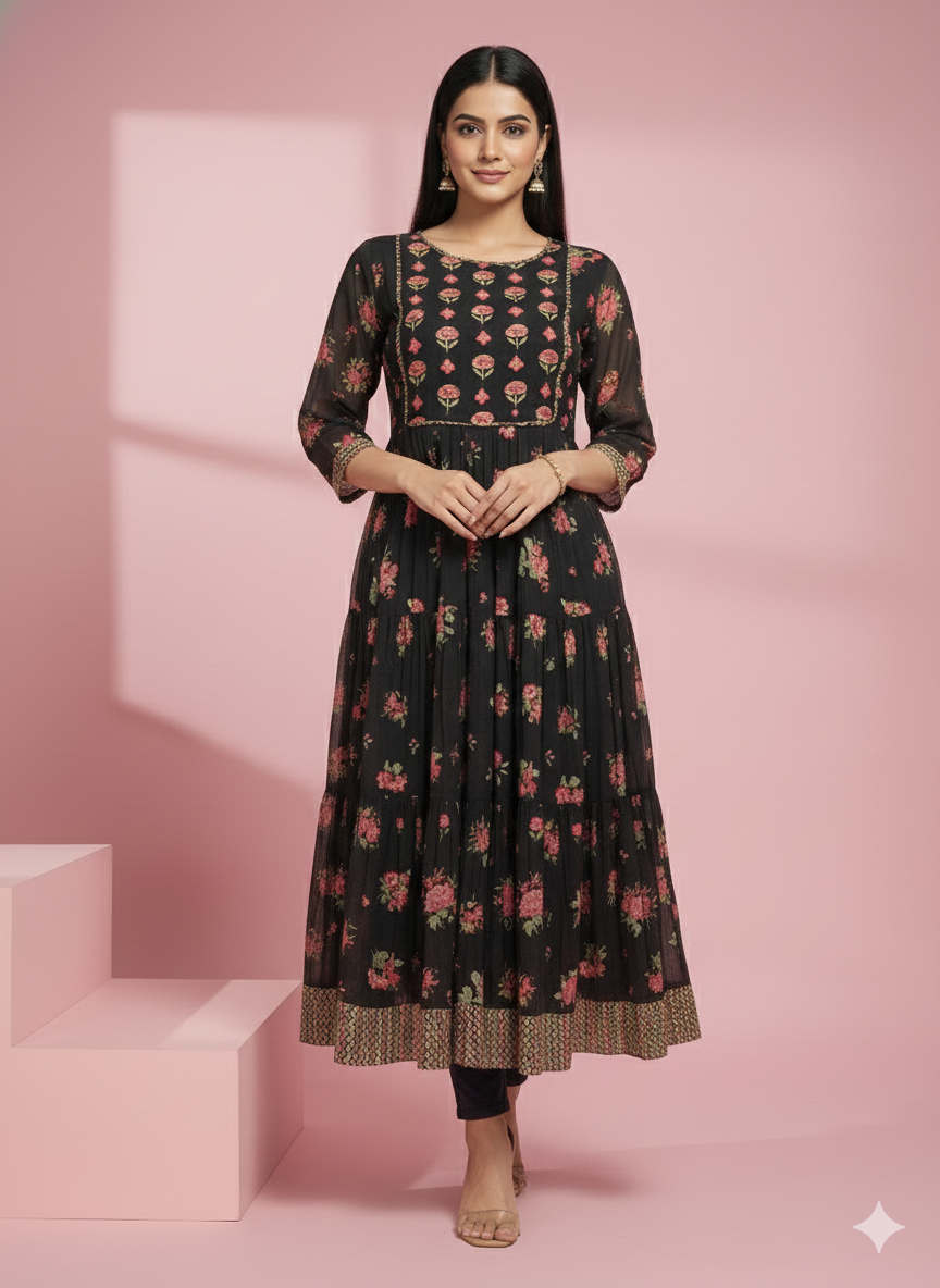 Dark Floral Printed Kurta with Round Neck