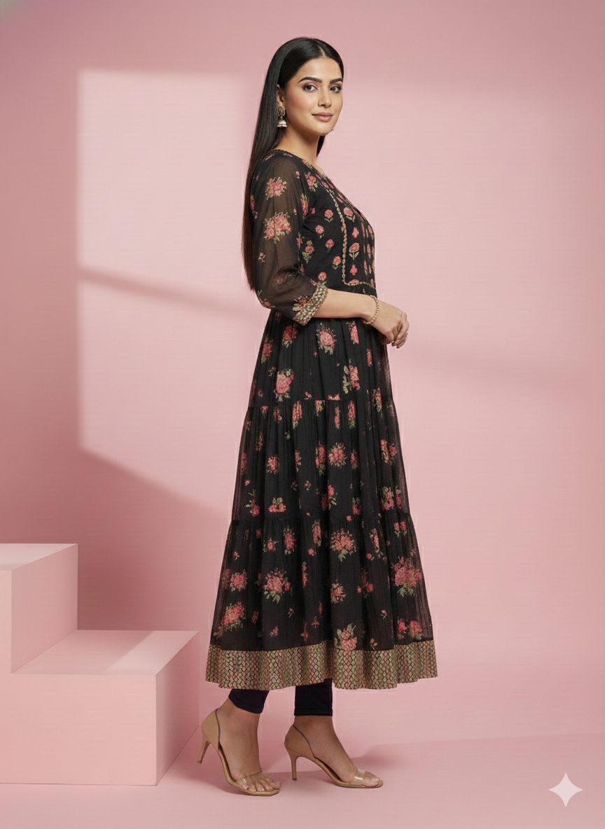 Dark Floral Printed Kurta with Round Neck