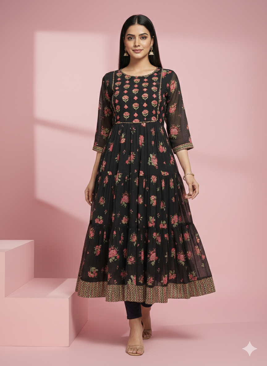 Dark Floral Printed Kurta with Round Neck