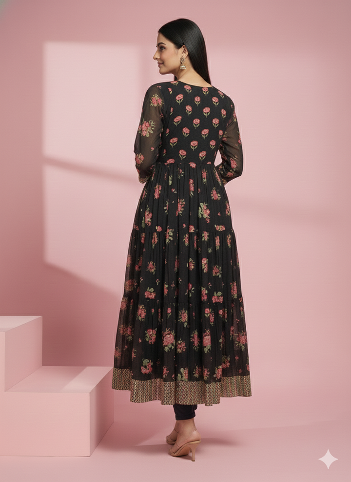 Dark Floral Printed Kurta with Round Neck