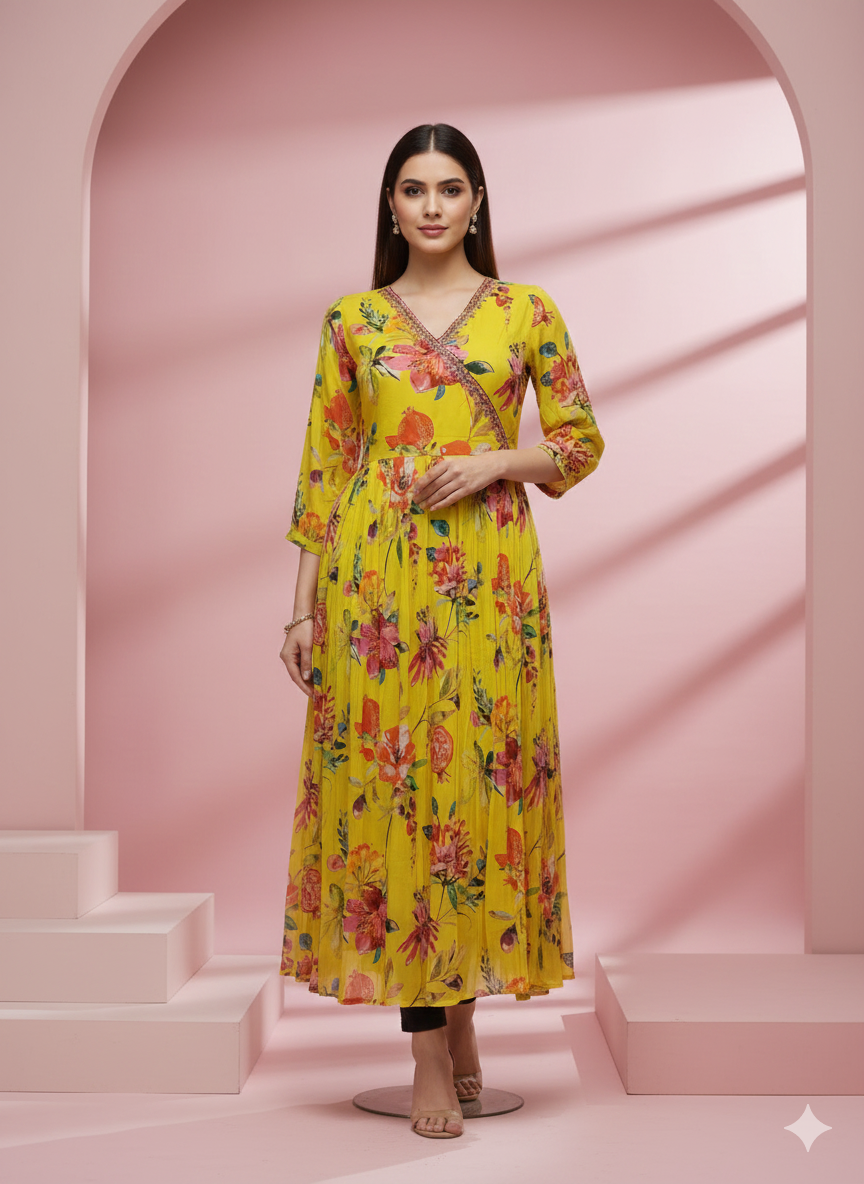 Yellow Floral Printed Angrakha Style Long Kurta/Dress