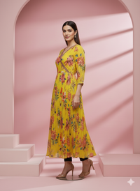 Yellow Floral Printed Angrakha Style Long Kurta/Dress 2