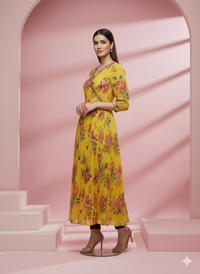 Yellow Floral Printed Angrakha Style Long Kurta/Dress 3